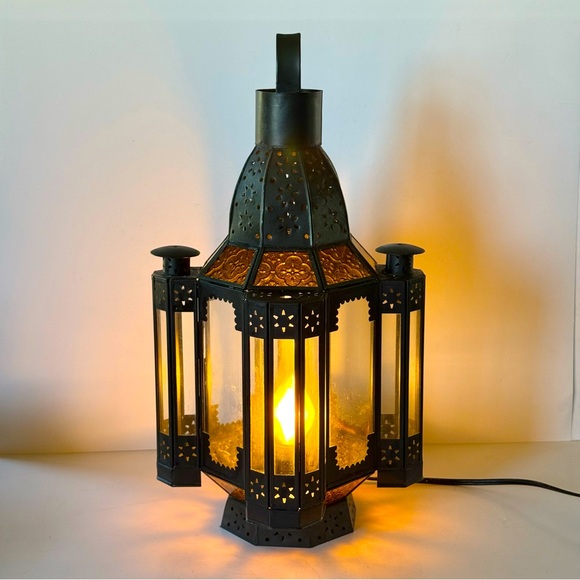 Vintage POTTERY BARN Moroccan Filigree Amber Glass Lrg...